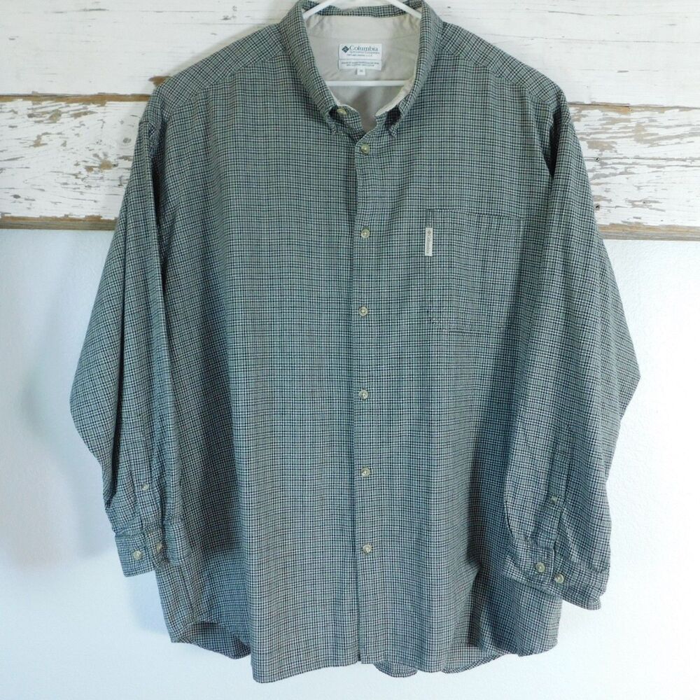 Columbia Men's Shirt Plaid Brushed Cotton 5XL Olive Gray Chest 67" Long Sleeve